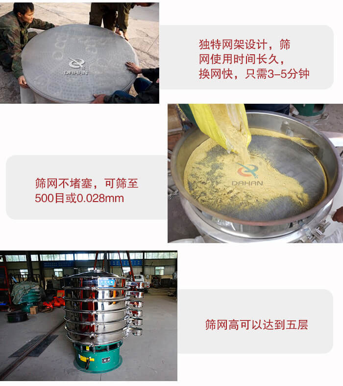 三次元振動篩的特點：篩網使用時間長換讓時間短，篩網不堵塞，可篩至500目或0.028mm。