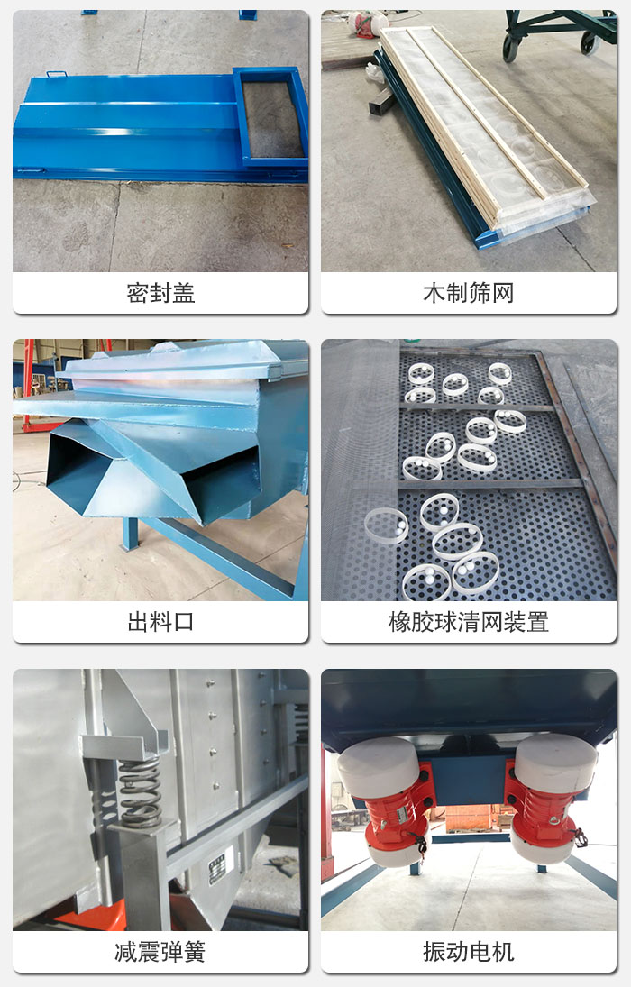 直線篩結構展示：篩網，篩箱，振動電機，振動電機座，減震彈簧，支架等部件展示圖