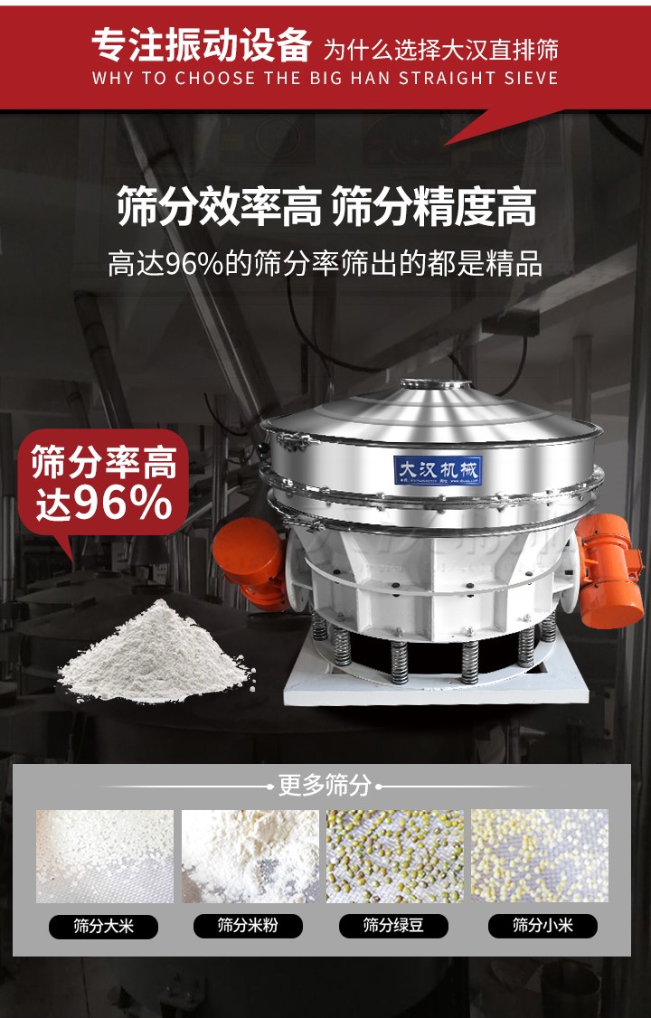 直排篩適用物料有面粉，淀粉，洗衣粉，金屬粉，添加劑，化工，非礦等行業(yè)。