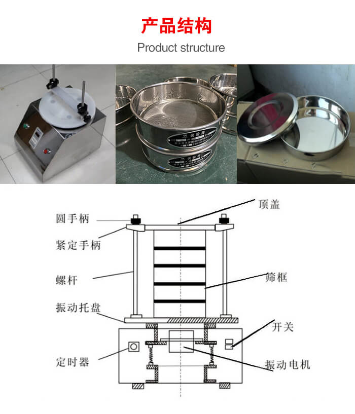 實驗室振動篩-試驗篩結構主要由：圓手柄，緊定手柄，螺桿，振動托盤，篩框，頂蓋等。